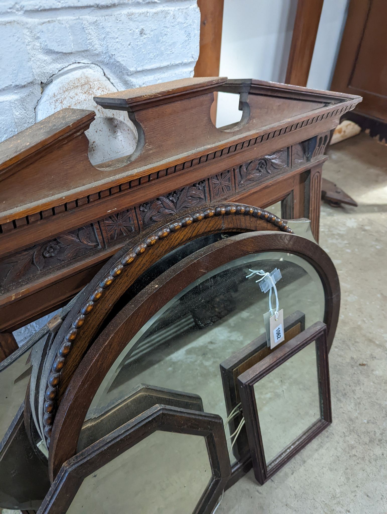 Six assorted Victorian and later wall mirrors and frames, largest width 78cm